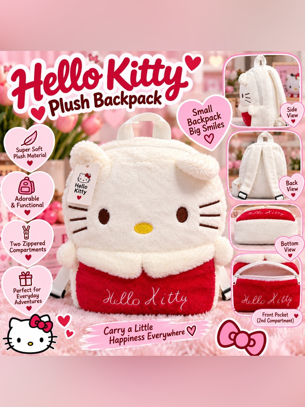 Hello Kitty Plush Backpack White and Red Soft Two Compartment Bag NWT